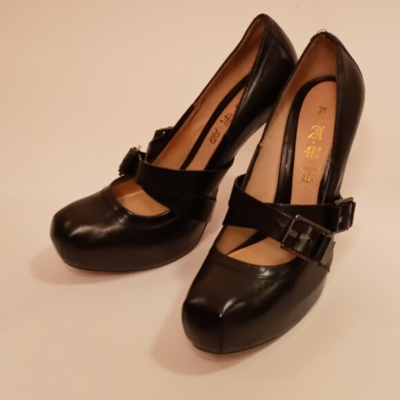 L.A.M.B. Black Leather Platform X Strap 5inch Stiletto heel size 8 - Picture 2 of 11